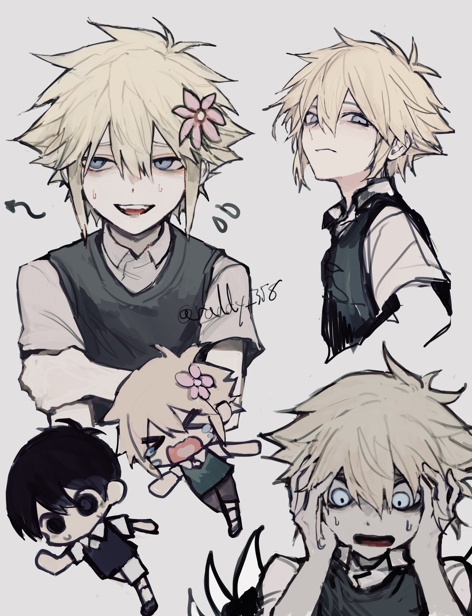raddy 358, basil (faraway) (omori), basil (omori), something (omori), sunny (omori), omori, highres, > <, 2boys, antenna hair, arrow (symbol), black eyes, black hair, black sweater vest, blonde hair, blue eyes, chibi, closed mouth, collared shirt, flower, flying sweatdrops, green sweater vest, grey background, hair between eyes, hair flower, hair ornament, hands on own head, looking at viewer, multiple boys, no mouth, open mouth, shirt, short hair, short sleeves, sidelocks, simple background, sweat, sweater vest, teeth, twitter username, upper teeth only, white shirt