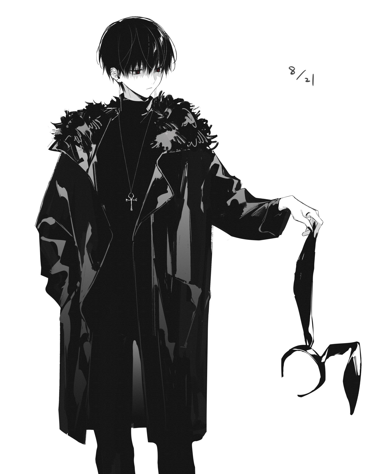shiozaki shino, original, highres, 1boy, animal ear hairband, animal ears, black coat, black hair, black pants, black shirt, closed mouth, coat, dated, fake animal ears, fur-trimmed coat, fur trim, greyscale, hairband, hand in pocket, holding hairband, jewelry, male focus, monochrome, necklace, pants, rabbit ear hairband, rabbit ears, shirt, short hair, simple background, solo, standing, white background