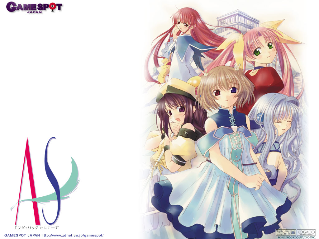 naruse chisato, arte sema, fia note, lasty farson, saaria wynes, stephanie ranclay, angelic serenade, silver hair, 5girls, :d, angelserenade, bare arms, bare shoulders, blonde hair, blue dress, blush, bow, brown hair, building, closed eyes, column, copyright name, dress, everyone, green eyes, hair ornament, hair ribbon, heterochromia, lasty, long hair, looking at viewer, multiple girls, open mouth, pillar, pink hair, puffy short sleeves, puffy sleeves, purple eyes, purple hair, rabbit hair ornament, red dress, red eyes, red hair, ribbon, short hair, short sleeves, simple background, smile, two side up, very long hair, white background, yellow bow, yellow dress