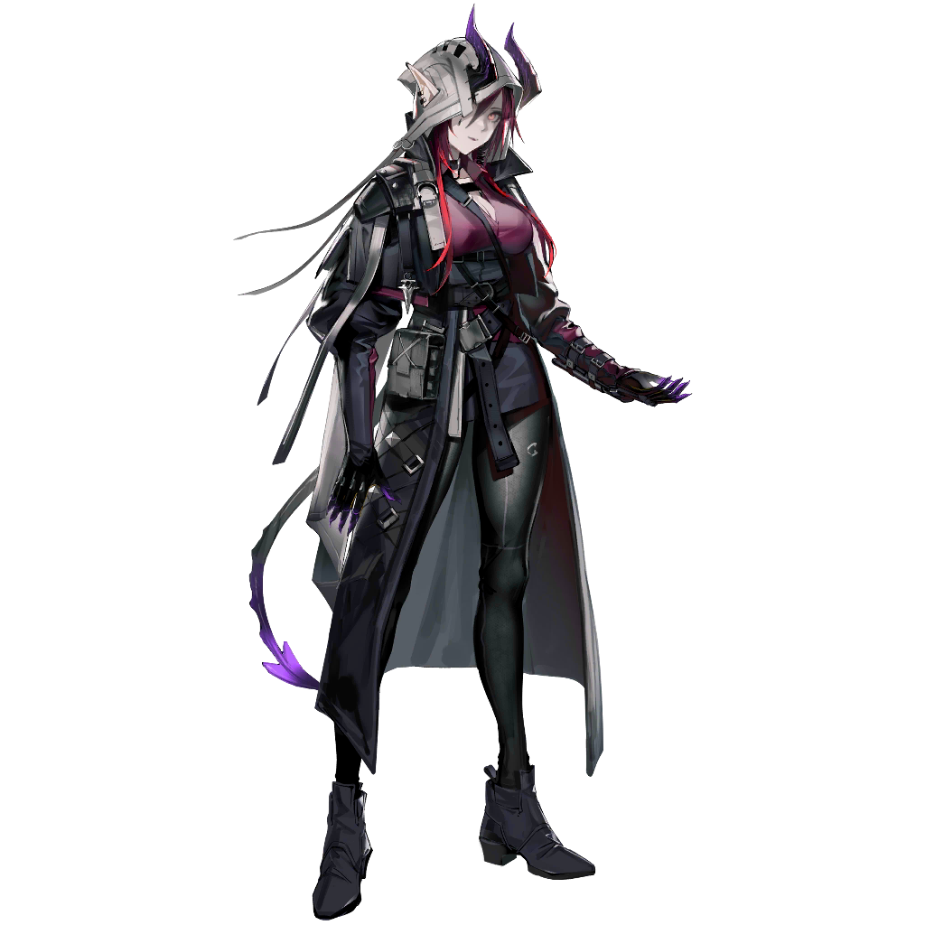 cenm0, ascalon (arknights), arknights, official art, third-party source, 1girl, black pants, demon girl, demon horns, demon tail, full body, hood, hood up, horns, looking at viewer, pants, pink eyes, pointy ears, purple hair, purple shirt, red hair, shirt, simple background, solo, standing, tachi-e, tail, transparent background