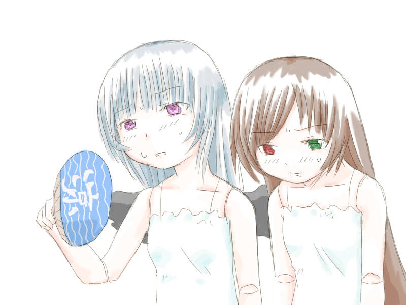 suigintou, suiseiseki, rozen maiden, silver hair, 00s, 2girls, brown hair, camisole, collarbone, doll joints, green eyes, hand fan, heterochromia, hot, joints, long hair, multiple girls, open mouth, paper fan, purple eyes, red eyes, simple background, sweat, uchiwa, very long hair