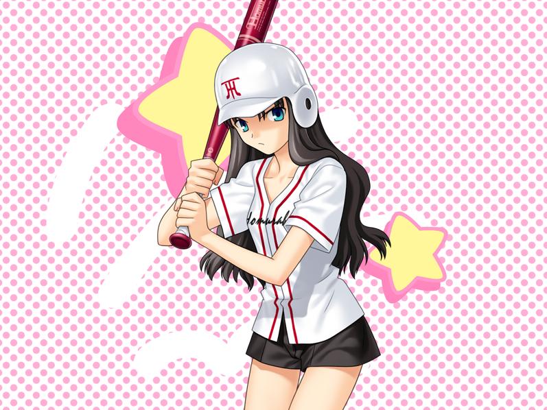 takeuchi takashi, tohsaka rin, fate/stay night, fate (series), game cg, 00s, 1girl, alternate hairstyle, aqua eyes, baseball, baseball bat, baseball helmet, baseball uniform, black hair, clothes writing, female focus, hair down, helmet, long hair, short shorts, shorts, solo, sportswear, star (symbol)