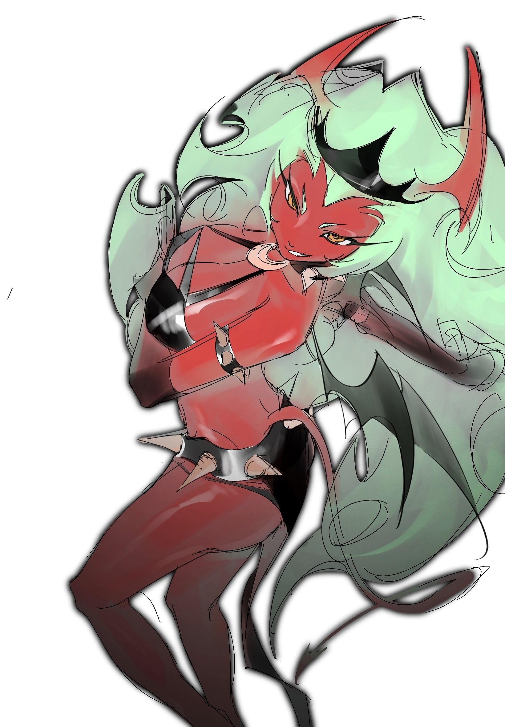 scanty (psg), panty & stocking with garterbelt, highres, 1girl, 8822681142, blue hair, breasts, colored skin, demon girl, demon horns, green eyes, green hair, horns, large breasts, long hair, looking at viewer, red skin, solo