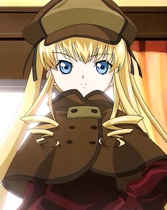 sherlock holmes, shinku, rozen maiden, anime screenshot, 00s, 1girl, blonde hair, blue eyes, braid, capelet, curtains, detective, female focus, hat, indoors, long hair, long sleeves, looking at viewer, red shirt, serious, shirt, solo, twin braids, twintails, upper body, window