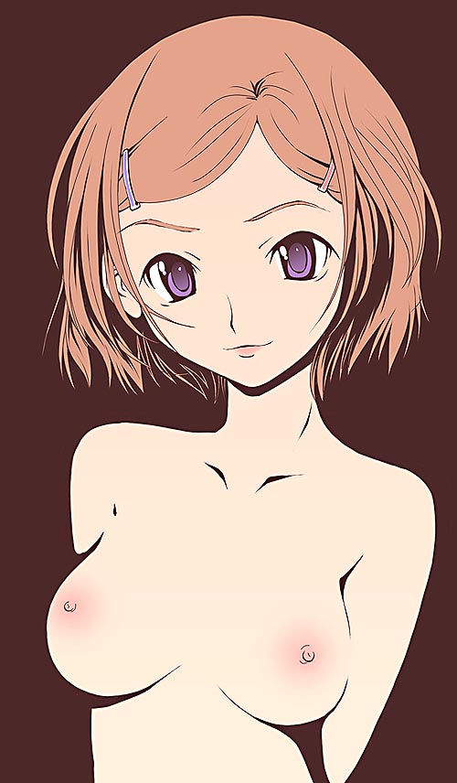 original, 1girl, breasts, brown hair, completely nude, female focus, hair ornament, hairclip, looking at viewer, nipples, nude, purple eyes, short hair, solo, upper body