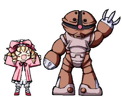 acguy, hinaichigo, gundam, mobile suit gundam, rozen maiden, lowres, 1boy, 1girl, blonde hair, bow, crossover, parody, pink bow, simple background