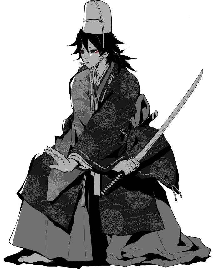 sinba (ying-hua), tomioka giyuu, kimetsu no yaiba, 1boy, alternate costume, black hair, fighting stance, full body, hair between eyes, hakama, hat, holding, holding sword, holding weapon, japanese clothes, katana, kimono, long hair, low ponytail, male focus, ponytail, shadow, simple background, solo, spiked hair, split-color clothes, sword, tabi, tate eboshi, weapon, white background