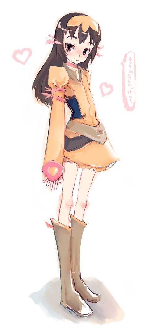 kanii rate, re mii, zoids, zoids genesis, 00s, 1girl, belt, blush, boots, brown boots, brown eyes, brown hair, female focus, full body, heart, knee boots, long hair, long sleeves, nose blush, orange shirt, pink ribbon, rei mii, ribbon, shirt, simple background, smile, solo, speech bubble, standing, white background