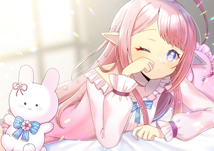 kou hiyoyo, commentary request, commission, copyright request, skeb commission, 1girl, ahoge, bed sheet, blue bow, blue eyes, blurry, blurry background, bow, braid, day, depth of field, dress, frilled dress, frilled pillow, frills, hand up, heart, heart-shaped pillow, indoors, long hair, long sleeves, looking at viewer, pillow, pink dress, pink hair, pointy ears, puffy long sleeves, puffy sleeves, rubbing eyes, solo, striped bow, stuffed animal, stuffed rabbit, stuffed toy, very long hair, virtual youtuber, window