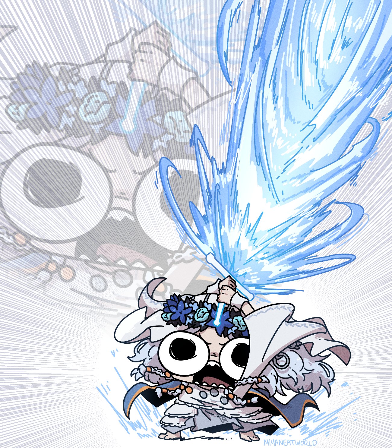 miyan (oceanmaiden), revenant (elden ring), elden ring, elden ring nightreign, highres, 1girl, barefoot, braid, chibi, emphasis lines, full body, head wreath, holding, holding sword, holding weapon, huge weapon, screaming, sword, veil, weapon, zoom layer