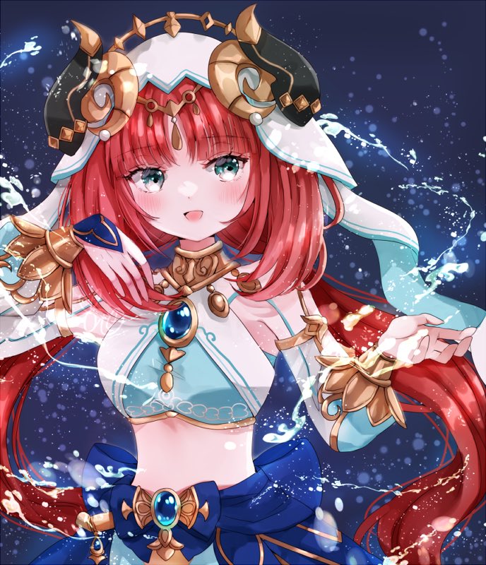 jaku sono, nilou (genshin impact), genshin impact, commentary request, 1girl, black horns, blue brooch, blue skirt, brooch, crop top, fake horns, gold trim, green eyes, hands up, harem outfit, horns, jewelry, long hair, low twintails, midriff, open mouth, purple background, red hair, skirt, smile, solo, twintails, upper body, veil, white veil