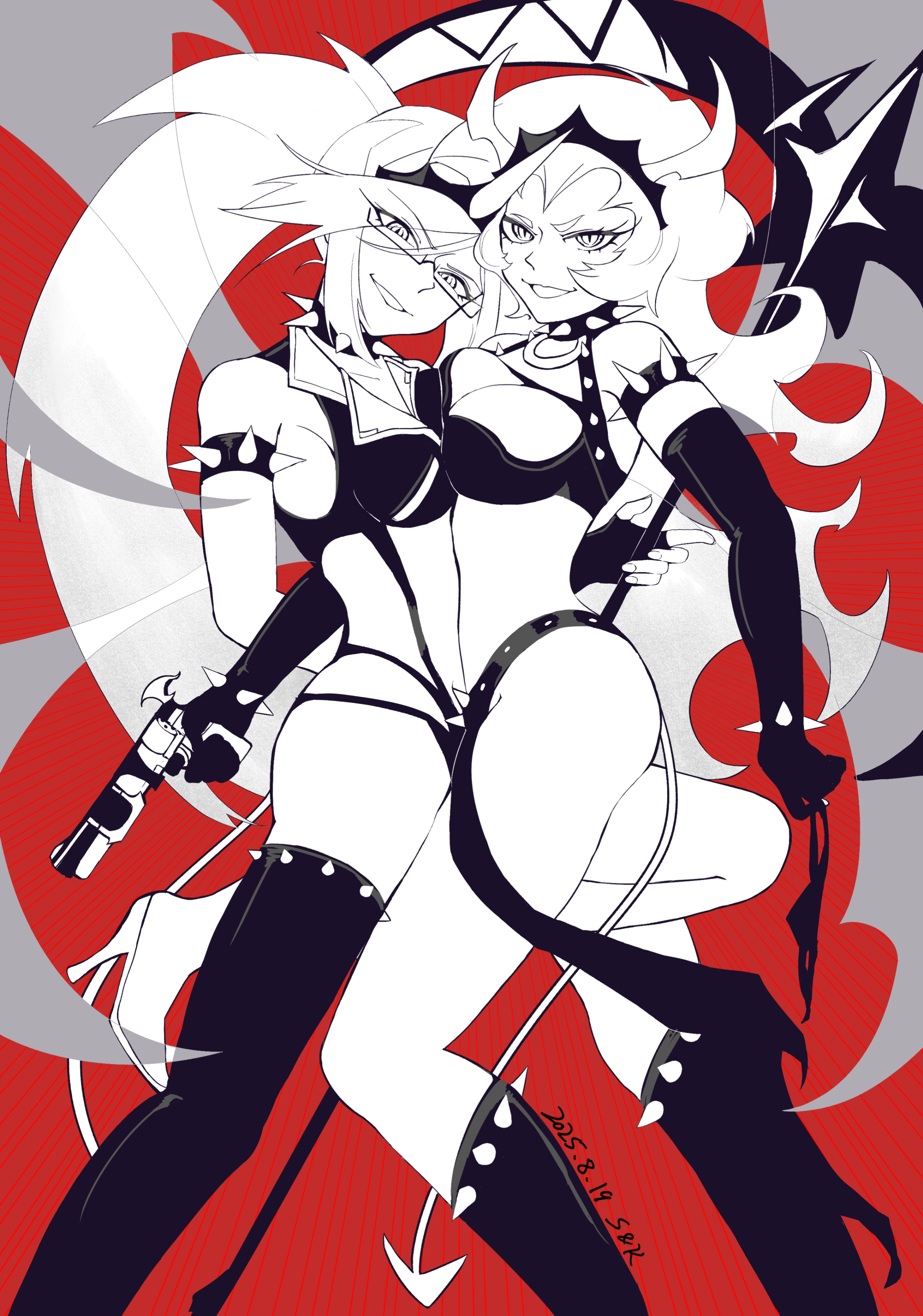 kneesocks (psg), scanty (psg), panty & stocking with garterbelt, absurdres, highres, 2girls, breasts, demon girl, demon horns, demon tail, demon wings, horns, large breasts, long hair, looking at viewer, medium breasts, mriimoriim, multiple girls, red background, revealing clothes, tail, wings