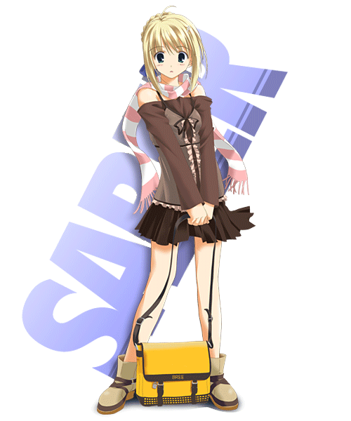 fujitsuki, artoria pendragon (fate), saber (fate), fate/stay night, fate (series), 00s, 1girl, blonde hair, boots, casual, character name, female focus, full body, miniskirt, official alternate costume, pleated skirt, scarf, skirt, solo, standing, striped clothes, striped scarf, transparent background