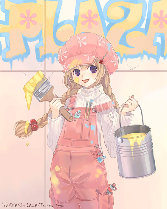 kuga tsukasa, original, wall, 1girl, :o, beads, blonde hair, blush, buttons, cowboy shot, female focus, graffiti, hair beads, hair ornament, hat, long sleeves, open mouth, overalls, paint, paint can, paint splatter, paint splatter on face, paintbrush, pastel colors, pink hat, pink overalls, purple eyes, solo, standing, sweater, tongue, tongue out, twintails