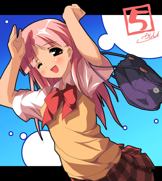 kantoku, kiriyama sakura, sakura musubi, 1girl, ;d, arms up, bag, blush, dutch angle, female focus, long hair, looking at viewer, neck ribbon, one eye closed, open mouth, pink hair, plaid clothes, plaid shirt, plaid skirt, pleated skirt, ribbon, school bag, school uniform, shirt, short sleeves, skirt, smile, solo, sweater vest, very long hair, vest