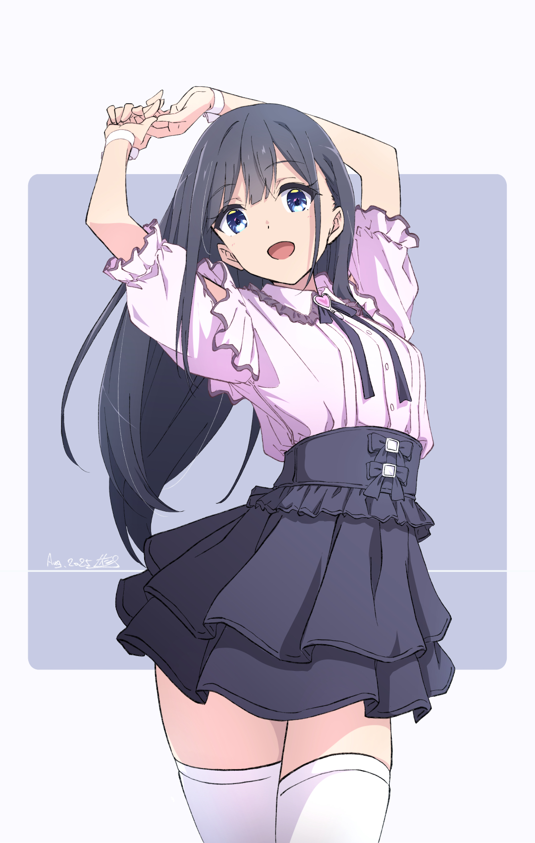 nii manabu, monai-chan (nii manabu), original, commentary request, highres, 1girl, :d, arms up, black hair, black ribbon, black skirt, blue eyes, dated, grey background, jirai kei, long hair, looking at viewer, open mouth, pink shirt, ribbon, shirt, signature, skirt, smile, solo, thighhighs, thighs, two-tone background, white thighhighs, zettai ryouiki