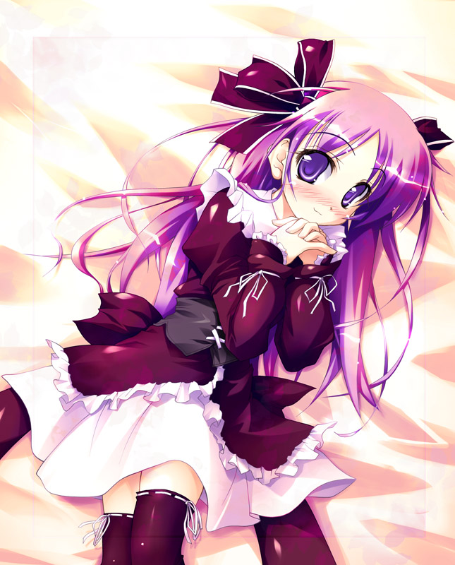 onsokuzekuu, watarase jun, happiness!, original, 00s, 1boy, :3, bed, blush, dress, frills, hair ribbon, long hair, lying, male focus, on back, own hands clasped, own hands together, purple eyes, purple hair, ribbon, smile, solo, thighhighs, trap, very long hair, zettai ryouiki