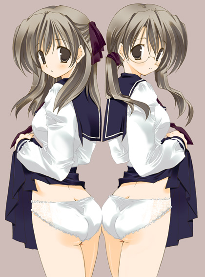 takanae kyourin, original, silver hair, 2girls, ass, ass-to-ass, back-to-back, blush, bow, butt crack, clothes lift, frilled panties, frills, glasses, grey eyes, hair bow, lifting own clothes, looking back, multiple girls, panties, pleated skirt, school uniform, serafuku, siblings, sisters, skirt, skirt lift, standing, twins, twintails, underwear, white panties