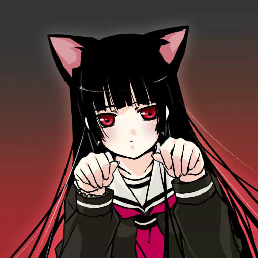 minamino kanata, enma ai, jigoku shoujo, 00s, 1girl, animal ears, black hair, black serafuku, blunt bangs, blush, bracelet, cat ears, female focus, gradient background, hime cut, jewelry, long hair, paw pose, red eyes, school uniform, serafuku, solo, upper body