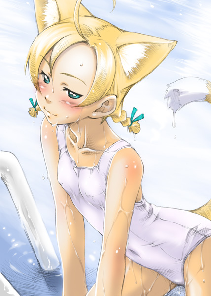 sakura kotetsu, kotetsu's catgirl, original, 1girl, ahoge, animal ears, blush, braid, cat ears, cat tail, covered navel, female focus, flat chest, green eyes, hair ribbon, one-piece swimsuit, pool, pool ladder, ribbon, school swimsuit, short hair, smile, solo, swimsuit, tail, tress ribbon, twin braids, wading, water, wet, white one-piece swimsuit, white school swimsuit