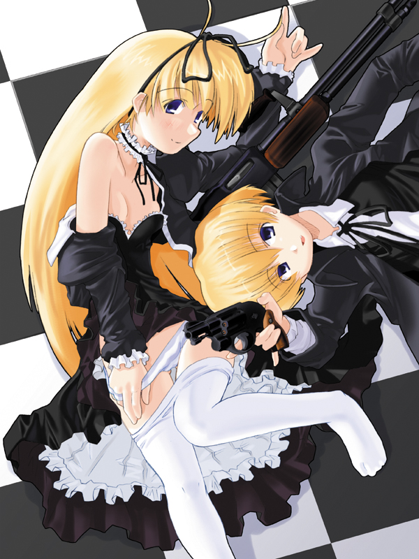 excel (gewalt), gretel (black lagoon), hansel (black lagoon), black lagoon, 00s, 1boy, 2girls, bare shoulders, black dress, blonde hair, blue eyes, blue panties, browning automatic rifle, checkered floor, choker, clothes pull, dress, dress pull, feet, frills, gun, hair ribbon, handgun, leggings, light machine gun, lingerie, loli, long hair, lying, m1918 bar, machine gun, multiple girls, no shoes, on back, panties, panty pull, pantyhose, pantyhose pull, petticoat, revolver, ribbon, shota, striped clothes, striped panties, thigh gap, thighs, underwear, weapon, white pantyhose