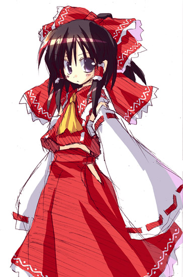 satou kibi, hakurei reimu, touhou, 1girl, :o, ascot, black hair, blue eyes, blush, bow, capelet, clothing cutout, detached sleeves, female focus, frills, hair bow, hair tubes, hip vent, japanese clothes, large bow, looking at viewer, midriff, sarashi, side slit, sidelocks, simple background, sketch, skirt, skirt set, sleeves past wrists, solo, walking, white background, wide sleeves