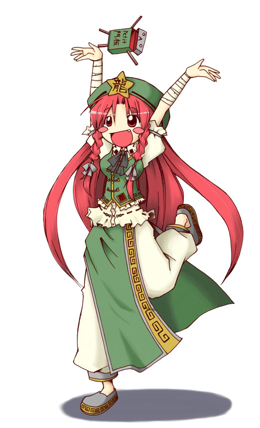 mogito, hong meiling, embodiment of scarlet devil, touhou, 1girl, :d, arm wrap, blush, blush stickers, bow, braid, china dress, chinese clothes, doll, dress, fang, female focus, hair bow, hat, long hair, o o, open mouth, red eyes, red hair, smile, solo, star (symbol), twin braids