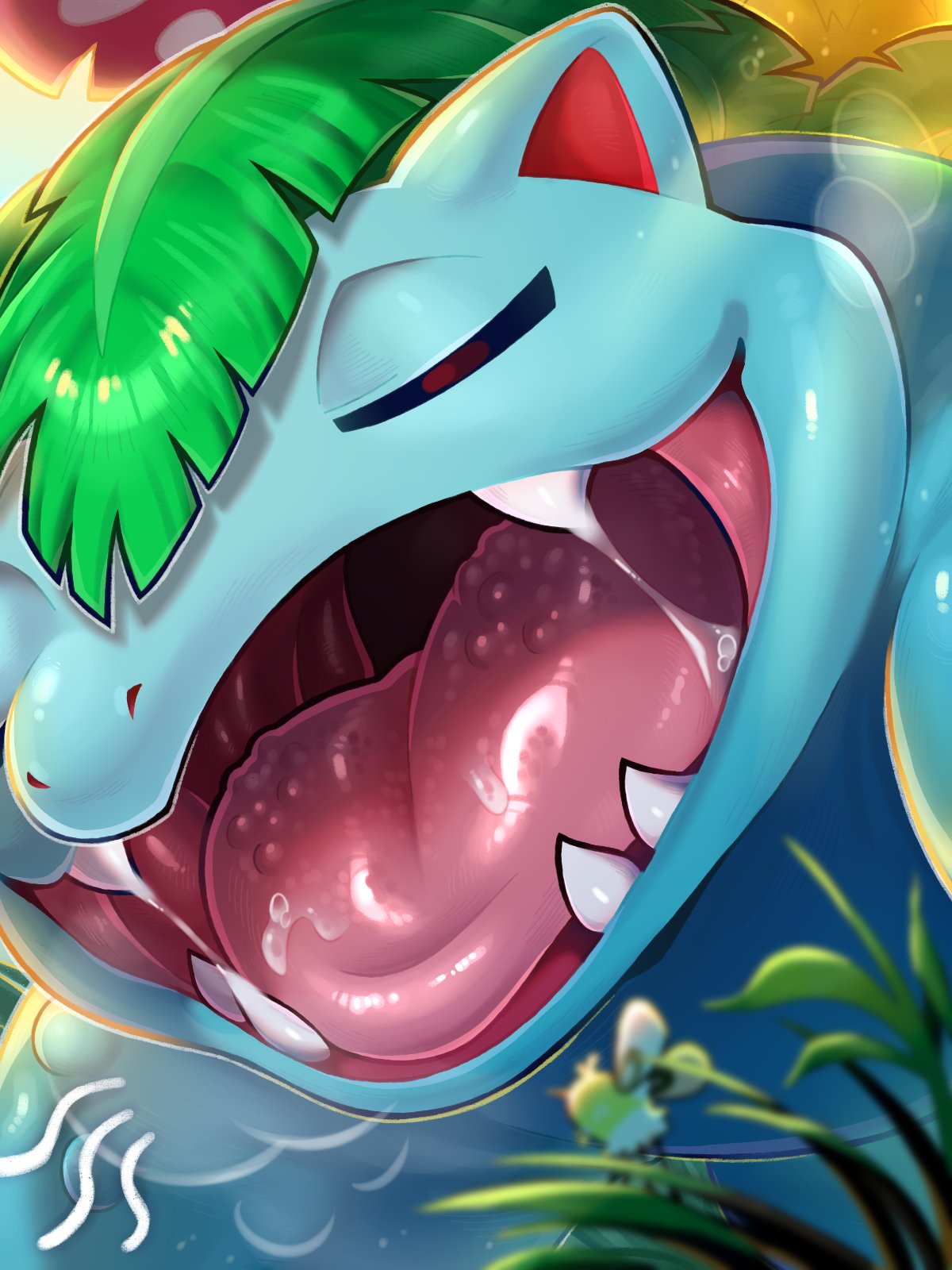 tianhua64293936, cutiefly, venusaur, nintendo, pokemon, highres, blue skin, blurry, blurry foreground, close-up, closed eyes, colored skin, depth of field, gen 1 pokemon, gen 7 pokemon, grass, leaf, no humans, open mouth, pokemon (creature), solo, water