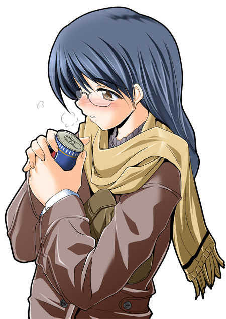 endou masatoshi, original, 1girl, blue hair, blush, breath, brown eyes, buttons, can, cold, drink can, female focus, glasses, jacket, long sleeves, nose blush, pocket, rimless eyewear, scarf, simple background, soda can, solo, upper body, white background, winter clothes, yellow scarf