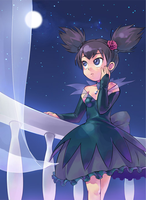 minawa, kuromi, kurumi nui, onegai my melody, sanrio, 00s, 1girl, black eyes, black hair, bridal gauntlets, dress, female focus, flower, frilled dress, frills, full moon, hair flower, hair ornament, hand on own cheek, hand on own face, moon, night, night sky, railing, sky, solo, star (sky), twintails