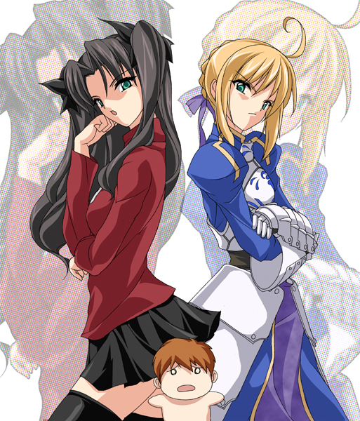 shiikeru, artoria pendragon (fate), emiya shirou, saber (fate), tohsaka rin, fate/stay night, fate (series), 00s, 1boy, 2girls, armor, armored dress, blonde hair, chibi, dress, multiple girls, thighhighs, turtleneck, zoom layer