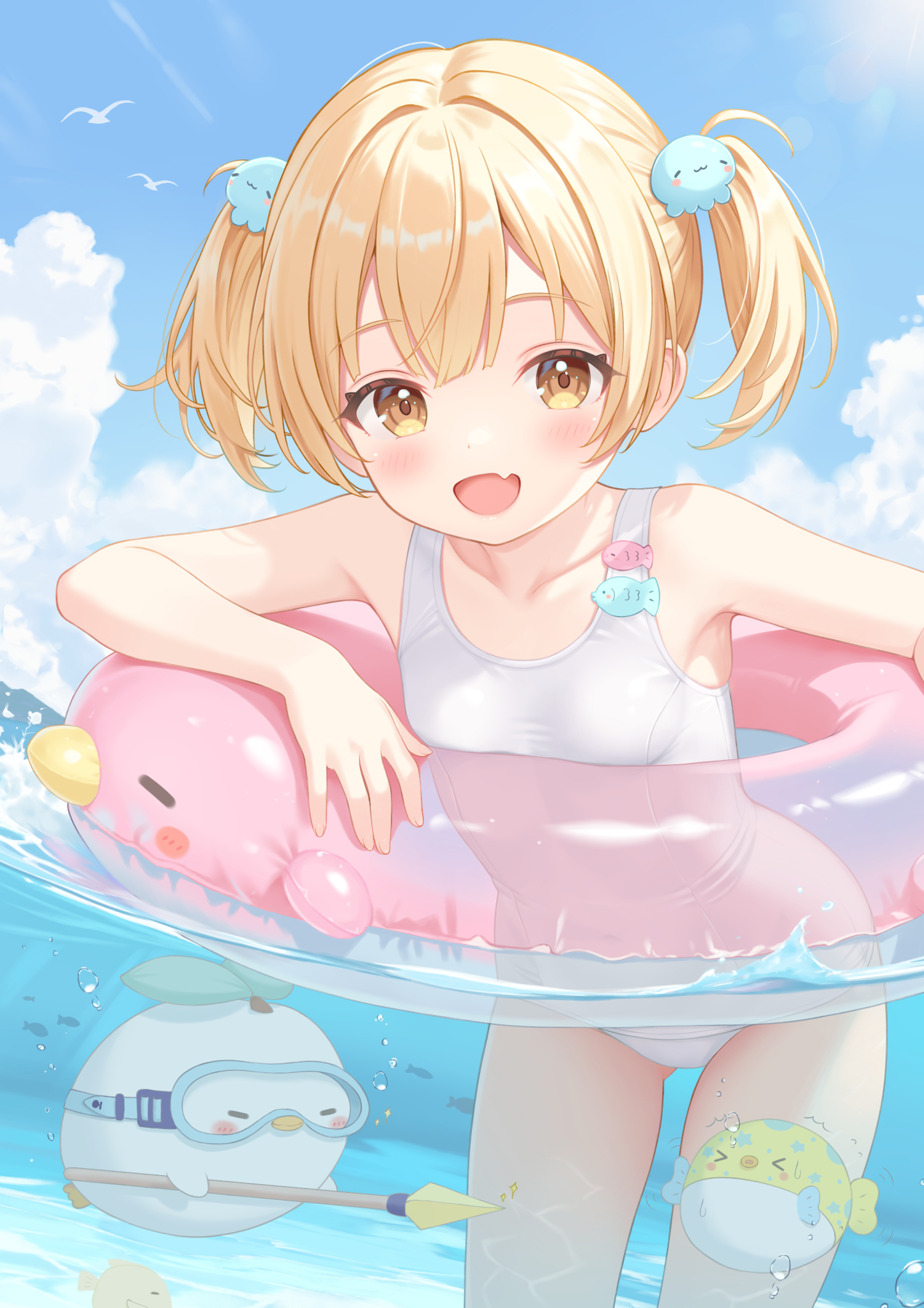 rebun, original, commentary request, highres, paid reward available, 1girl, bird, blonde hair, blue sky, breasts, cloud, day, fang, fish, innertube, one-piece swimsuit, orange eyes, outdoors, partially underwater shot, school swimsuit, short hair, skin fang, sky, small breasts, smile, swim ring, swimsuit, twintails, white one-piece swimsuit