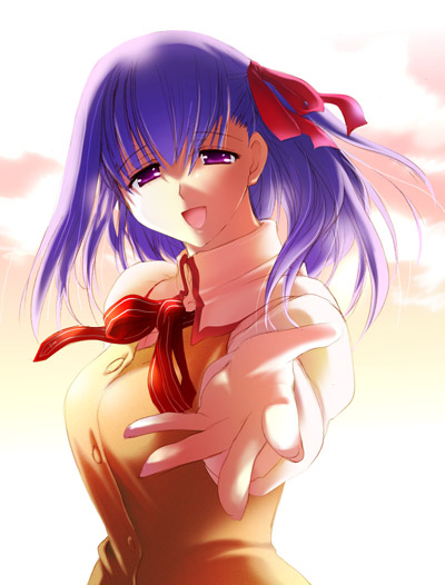 otaut-r, matou sakura, fate/stay night, fate (series), 00s, 1girl, female focus, floating hair, hair ribbon, homurabara academy school uniform, long hair, neck ribbon, one side up, outstretched arm, purple eyes, reaching, ribbon, school uniform, serafuku, shirt, smile, solo, sunset, upper body, vest