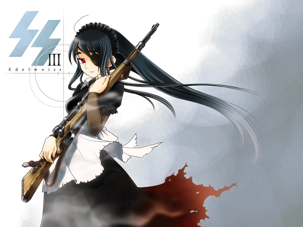 ootsuka mahiro, edelweiss, edelweiss (otaku beam), original, 1girl, bolt action, combat maid, eyepatch, female focus, gun, karabiner 98k, maid, mauser 98, rifle, schutzstaffel, sniper rifle, solo, weapon