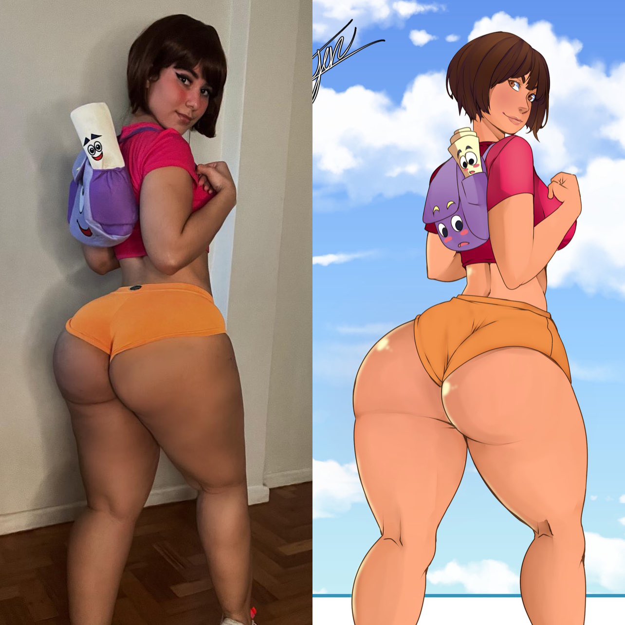 dora marquez, dora the explorer, real life, animated, audible music, sound, tagme, video, 1girl, ass, backpack, bag, bob cut, brazilian (nationality), breasts, cosplay, crop top, dancing, dora marquez (cosplay), huge ass, navel, orange panties, panties, pink shirt, shirt, thong, underwear, victoria matos