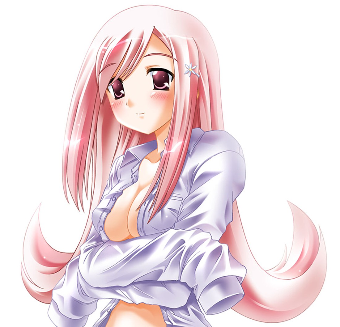 otoki raku, lucy maria misora, to heart (series), to heart 2, 00s, 1girl, breasts, cleavage, female focus, hair ornament, hairclip, long hair, medium breasts, open clothes, open shirt, pink eyes, pink hair, shirt, solo, white shirt