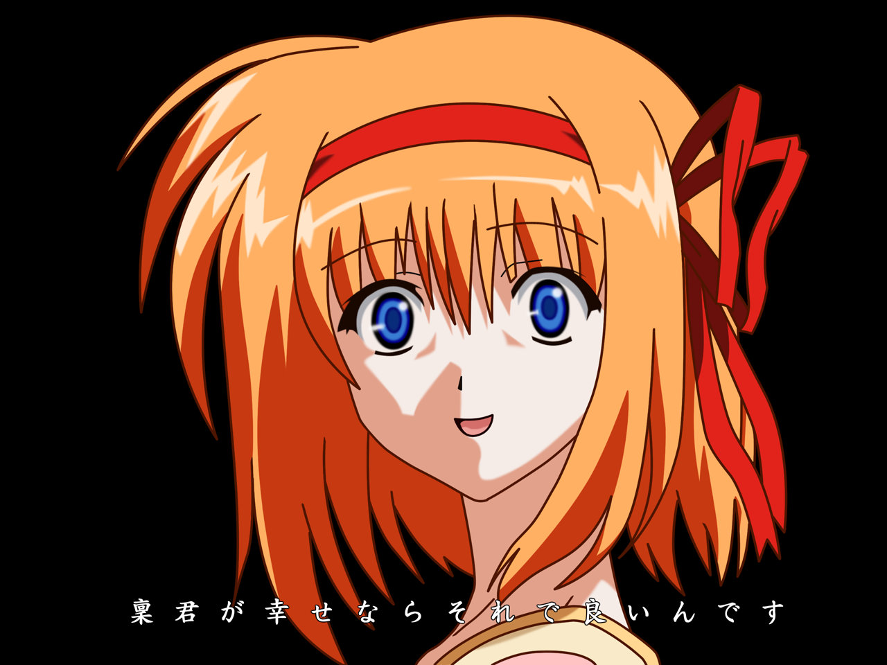 fuyou kaede, shuffle!, derivative work, vector trace, 00s, 1girl, black background, blue eyes, crazy, female focus, hair ornament, orange hair, ribbon, solo, staring, true horror, yandere