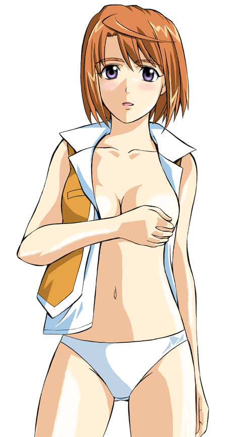 toshibou (satsukisou), tokiha mai, my-hime, breast hold, light brown hair, 00s, 1girl, blush, bottomless, breasts, cleavage, covering breasts, covering privates, dress shirt, female focus, large breasts, navel, no bra, no pants, open clothes, open shirt, orange shirt, panties, purple eyes, school uniform, serafuku, shirt, short hair, solo, standing, underwear, vest, white panties