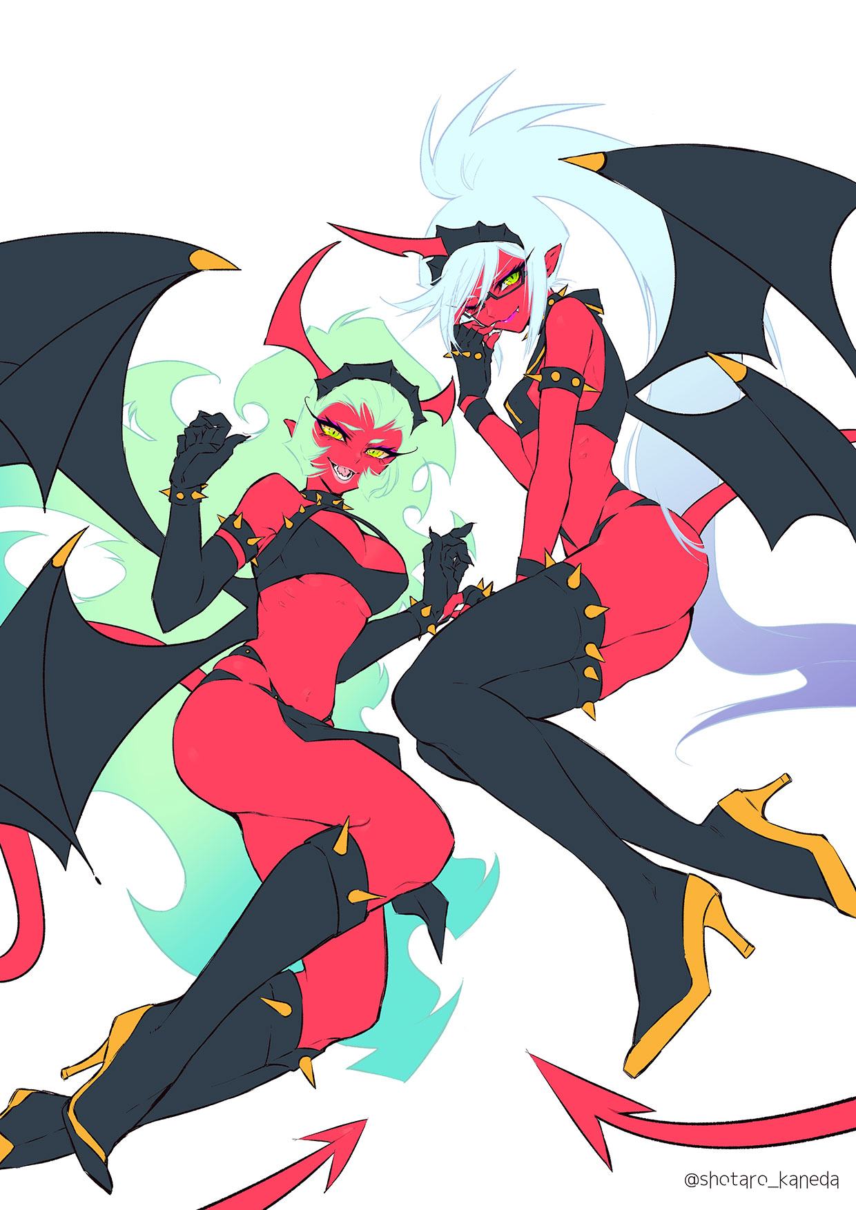 kneesocks (psg), scanty (psg), panty & stocking with garterbelt, highres, 2girls, blue hair, breasts, colored skin, demon girl, demon horns, demon tail, demon wings, green eyes, green hair, horns, large breasts, long hair, looking at viewer, medium breasts, multiple girls, red skin, revealing clothes, shotaro kaneda, tail, wings