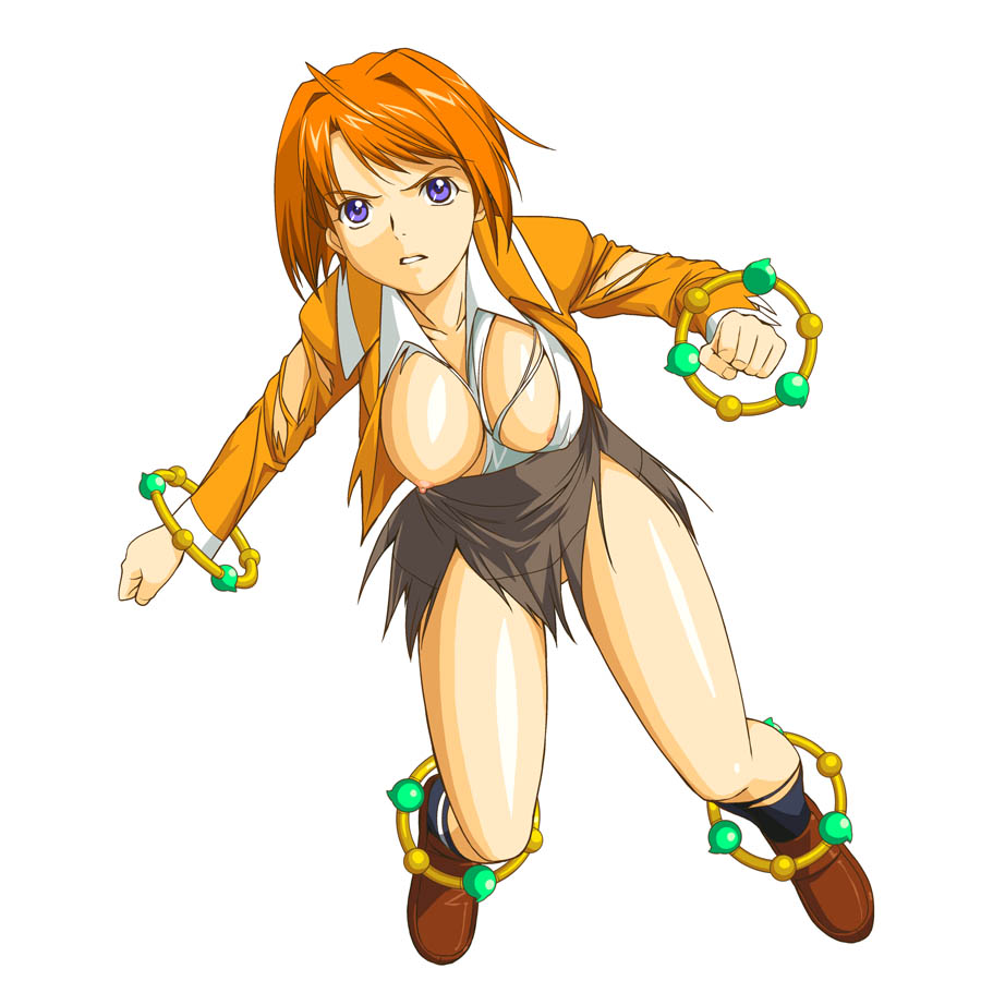 tokiha mai, my-hime, 00s, 1girl, breast slip, breasts, female focus, large breasts, long sleeves, nipples, one breast out, orange hair, orange shirt, purple eyes, school uniform, serafuku, shiny skin, shirt, solo, torn clothes