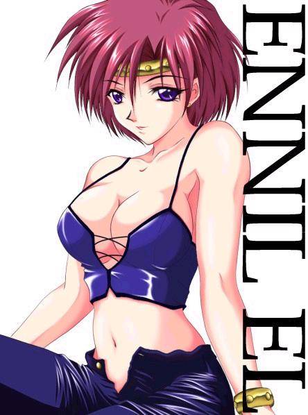 ennil el, after war gundam x, gundam, artist request, 1girl, breasts, bustier, cleavage, female focus, hairband, headband, large breasts, lingerie, navel, open fly, purple eyes, red hair, solo, underwear, unzipped