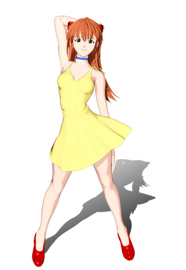 souryuu asuka langley, neon genesis evangelion, red footwear, 1girl, 3d, arm behind head, black eyes, choker, dress, female focus, long hair, looking at viewer, orange hair, red hair, shadow, shoes, short dress, solo, standing, yellow dress