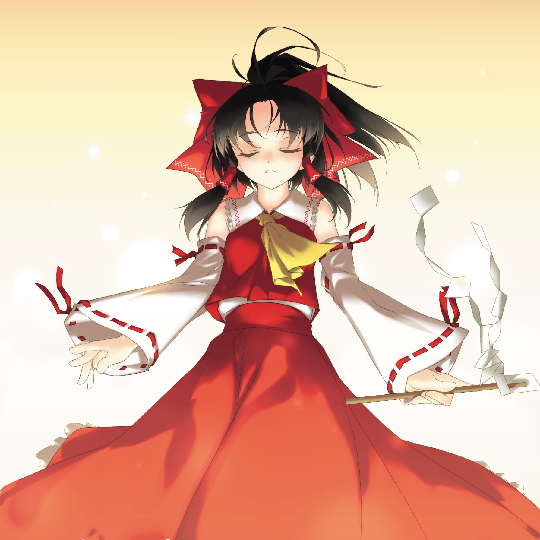 rokuwata tomoe, hakurei reimu, touhou, highres, 1girl, ascot, black hair, blouse, closed eyes, detached sleeves, female focus, gohei, gradient background, japanese clothes, miko, ponytail, red shirt, ribbon, shirt, sleeveless, sleeveless shirt, solo, white shirt, yellow ascot