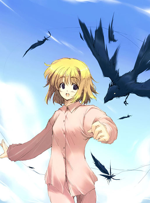 abimaru, kamio misuzu, sora (air), air (visual novel), 00s, 1girl, :d, animal, bird, black eyes, black feathers, blonde hair, blue sky, blush, buttons, collar, crow, day, feathers, female focus, long sleeves, open mouth, pajamas, running, short hair, sky, smile, solo, white eyes