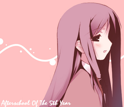 kantoku, sera karen, sakura musubi, lowres, 1girl, :o, black eyes, blush, female focus, from side, long hair, necktie, open mouth, pink background, purple hair, red necktie, red shirt, shirt, simple background, solo, upper body