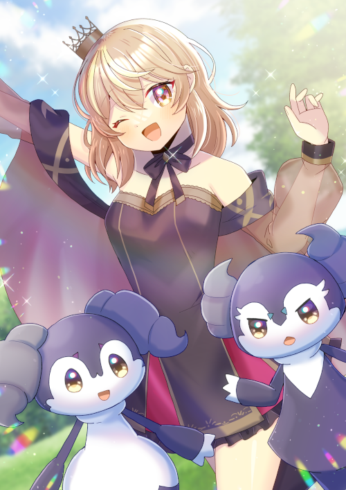 kou hiyoyo, indeedee, indeedee (female), indeedee (male), nintendo, pokemon, commentary request, commission, copyright request, skeb commission, 1girl, :d, ;d, bare shoulders, black choker, blue sky, blurry, blurry background, blush, bow, breasts, brown bow, brown dress, brown eyes, brown hair, choker, cloud, collarbone, crown, day, depth of field, dress, frilled dress, frills, gen 8 pokemon, hair between eyes, head tilt, long sleeves, looking at viewer, mini crown, multicolored hair, one eye closed, open mouth, outdoors, pokemon (creature), puffy long sleeves, puffy sleeves, see-through clothes, see-through sleeves, sky, small breasts, smile, solo, strapless, strapless dress, streaked hair, tree