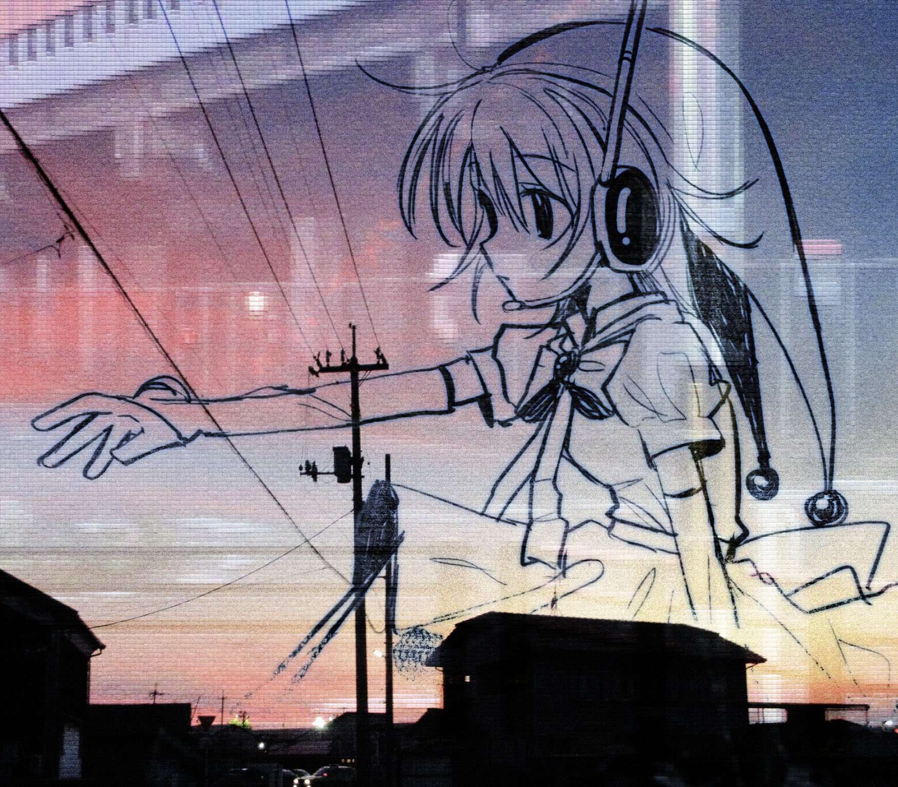 pepeppepe101, original, highres, 1girl, bow, bowtie, building, evening, from side, hat, headset, jester cap, lineart, outstretched arm, photo background, power lines, puffy short sleeves, puffy sleeves, short sleeves, skirt, solo, sunset, upper body, utility pole