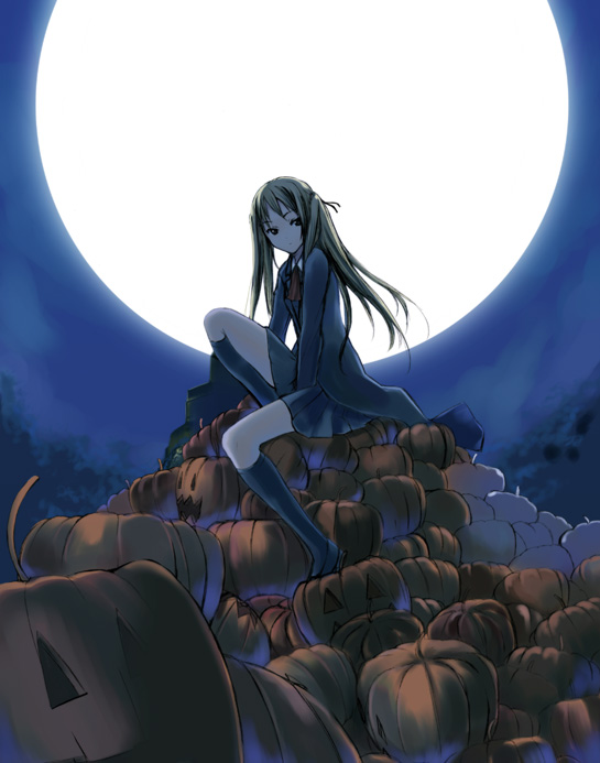katase yuu, original, 1girl, black hair, female focus, full moon, halloween, jack-o'-lantern, kneehighs, legs, moon, night, pleated skirt, pumpkin, school uniform, serafuku, skirt, socks, solo, twintails
