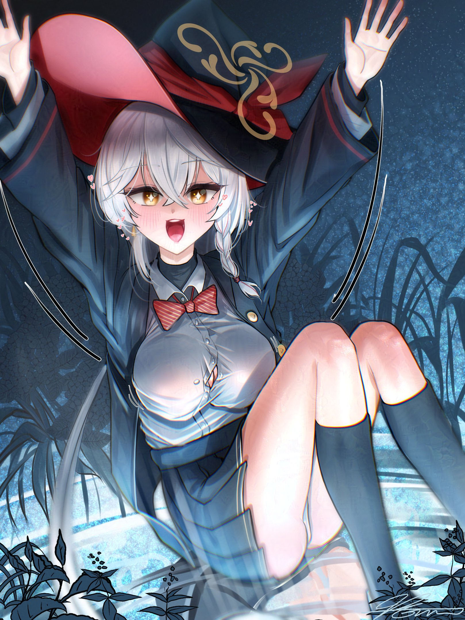 solharuu, eri (blue archive), blue archive, :d, ankle socks, blush, bow, bowtie, braid, bush, halo, hat, jacket, long coat, long hair, open mouth, orange eyes, panties, plant, pond, reflection, reflective water, shirt, sitting, skirt, sky, smile, socks, sparkling eyes, star (sky), starry sky, sweater, underwear, waving arms, white hair, witch hat