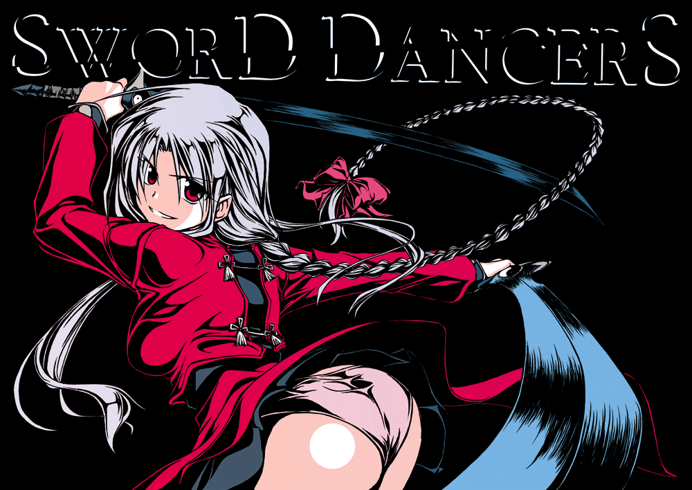 himura kiseki, archerko (himura kiseki), fate/stay night, fate (series), silver hair, gender request, 00s, 1girl, ass, back, bow, braid, dark, female focus, fighting stance, genderswap, hair bow, jacket, katana, leaning forward, long hair, looking back, miniskirt, panties, pantyshot, red eyes, single braid, skirt, solo, standing, sword, underwear, very long hair, weapon, white panties